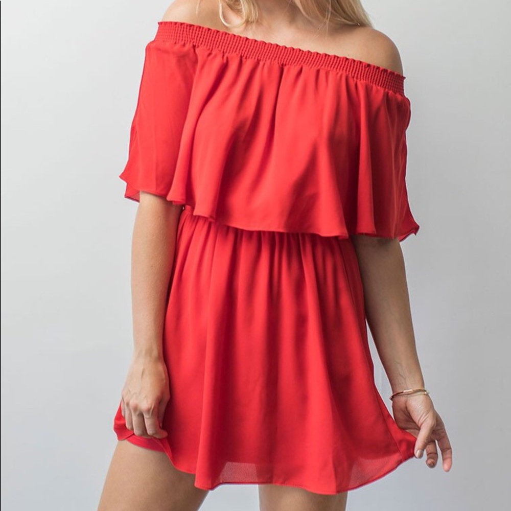 Show Me Your Mumu Red off the shoulder mini dress